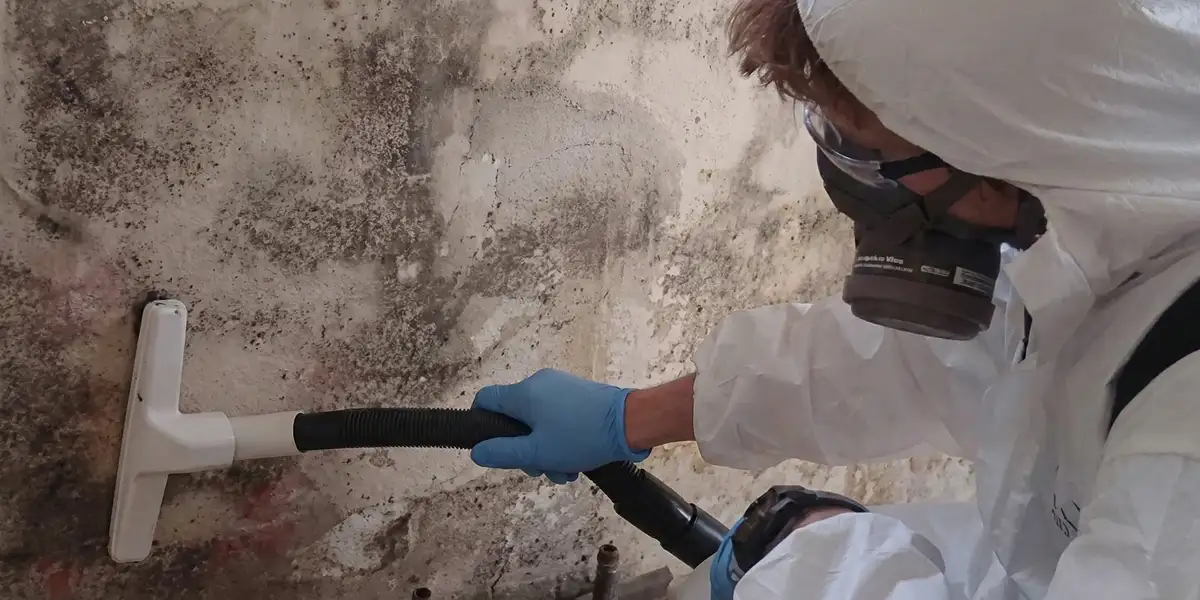 professional mold removal technician wearing protective equipment removing mold from a wall in Cambridge, MA